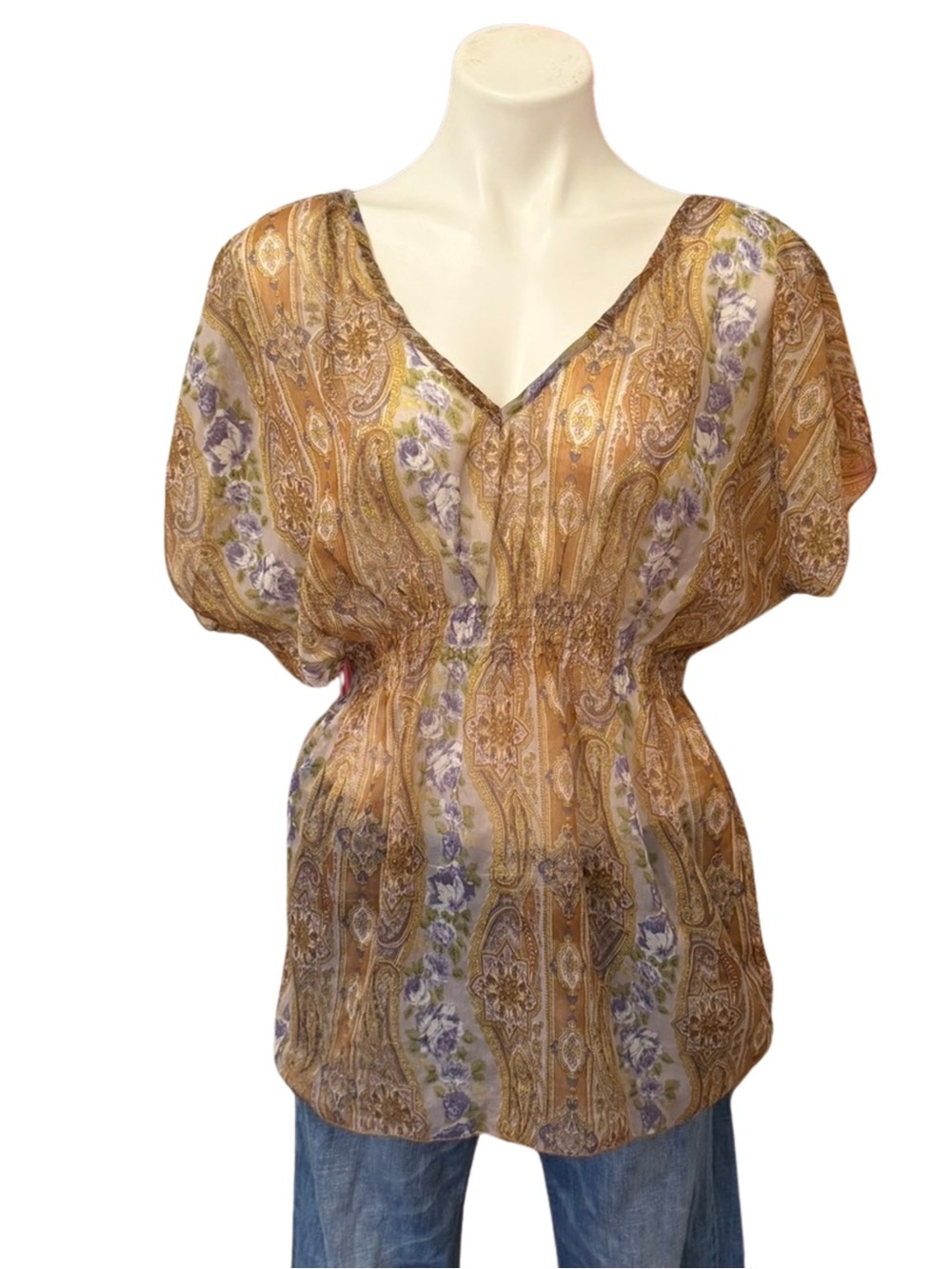 Boho Paisley V-Neck Peasant Top - Tan Floral